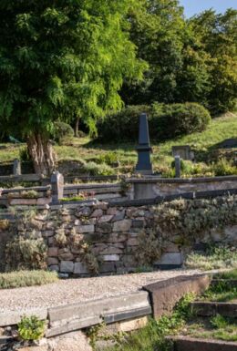 Außenaufnahme Bergfriedhof Steinbach mit bepflanzten Gräbern und Treppen