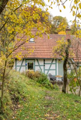 Außenaufnahme Ferienhaus im Grünen mit wäldlicher Umgebung