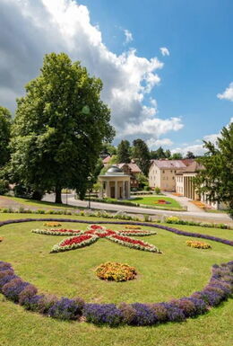 Landschaftsaufnahme Historischer Kurpark mit Bepflanzung, Comödienhaus und Brunnentempel