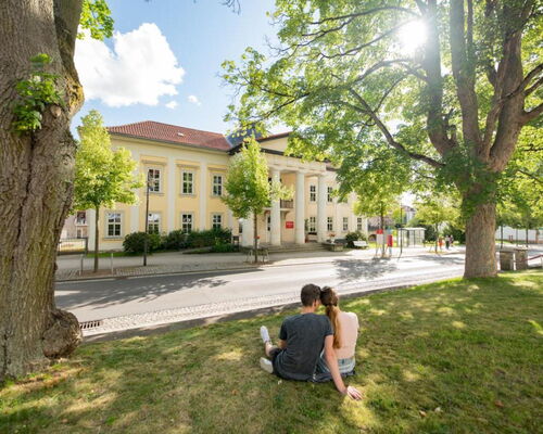 Landschaftsaufnahme mit Pärchen auf Wiese, im Hintergrund Palais Weimar mit Stadt- und Kurbibliothek