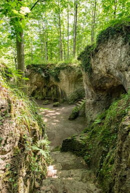 Landschaftsaufnahme mit Zugang zum Felsentheater über Treppen