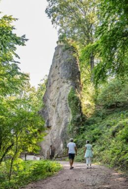 Landschaftsaufnahme mit Menschen, hohem, spitzen Felsen, darauf ein bepflanzter Blumenkorb im Schlosspark Altenstein