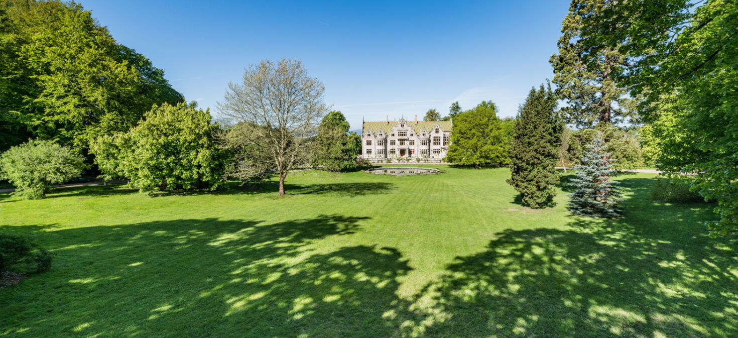 Landschaftsaufnahme Schlosspark Altenstein mit Schloss und weitläufiger Natur
