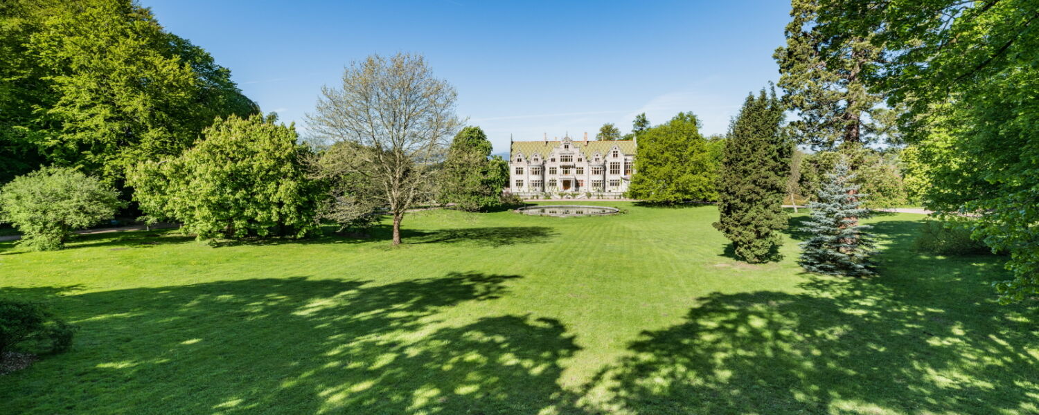 Landschaftsaufnahme Schlosspark Altenstein mit Schloss und weitläufiger Natur